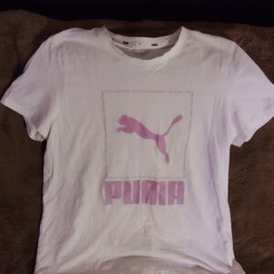 Puma White Short Sleeve Tee with Pink Logo